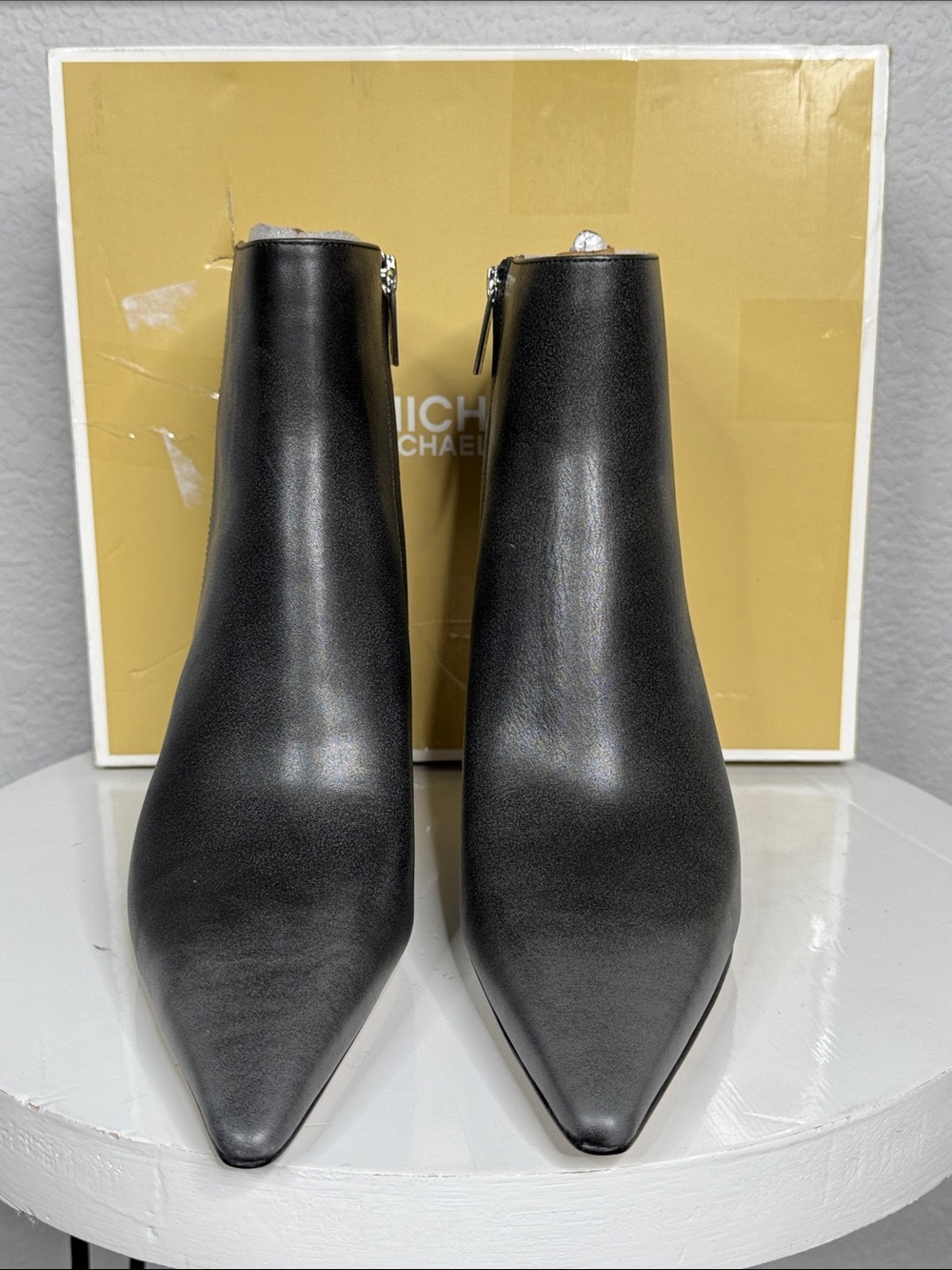 MICHAEL KORS SELENA HEELED BOOTIE STORM OMBRÉ GRAY BURNISHED LEATHER **NIB** - Picture 3 of 13